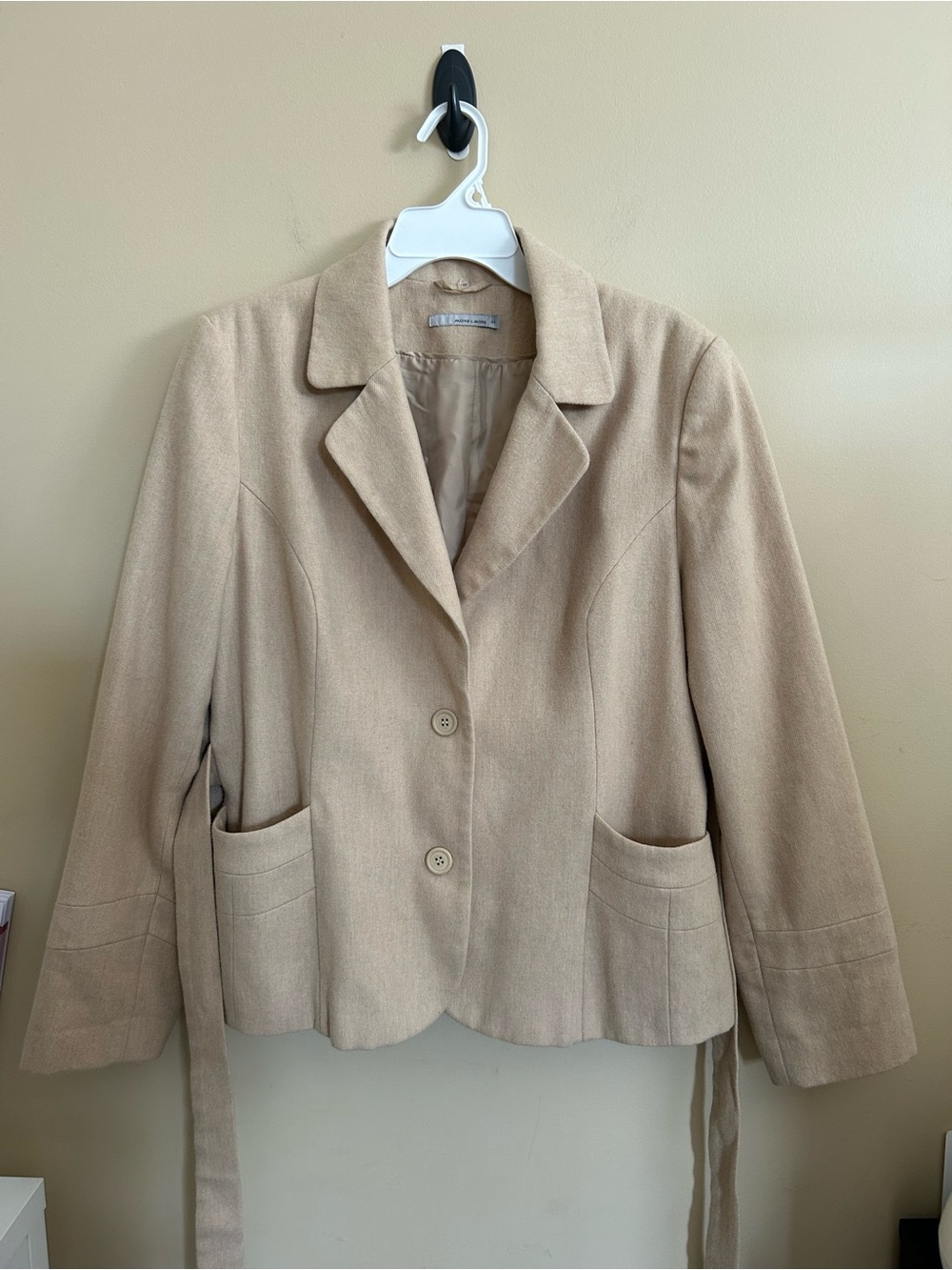 Wool-Blend Beige Women's Blazer Tie Belt Jacket